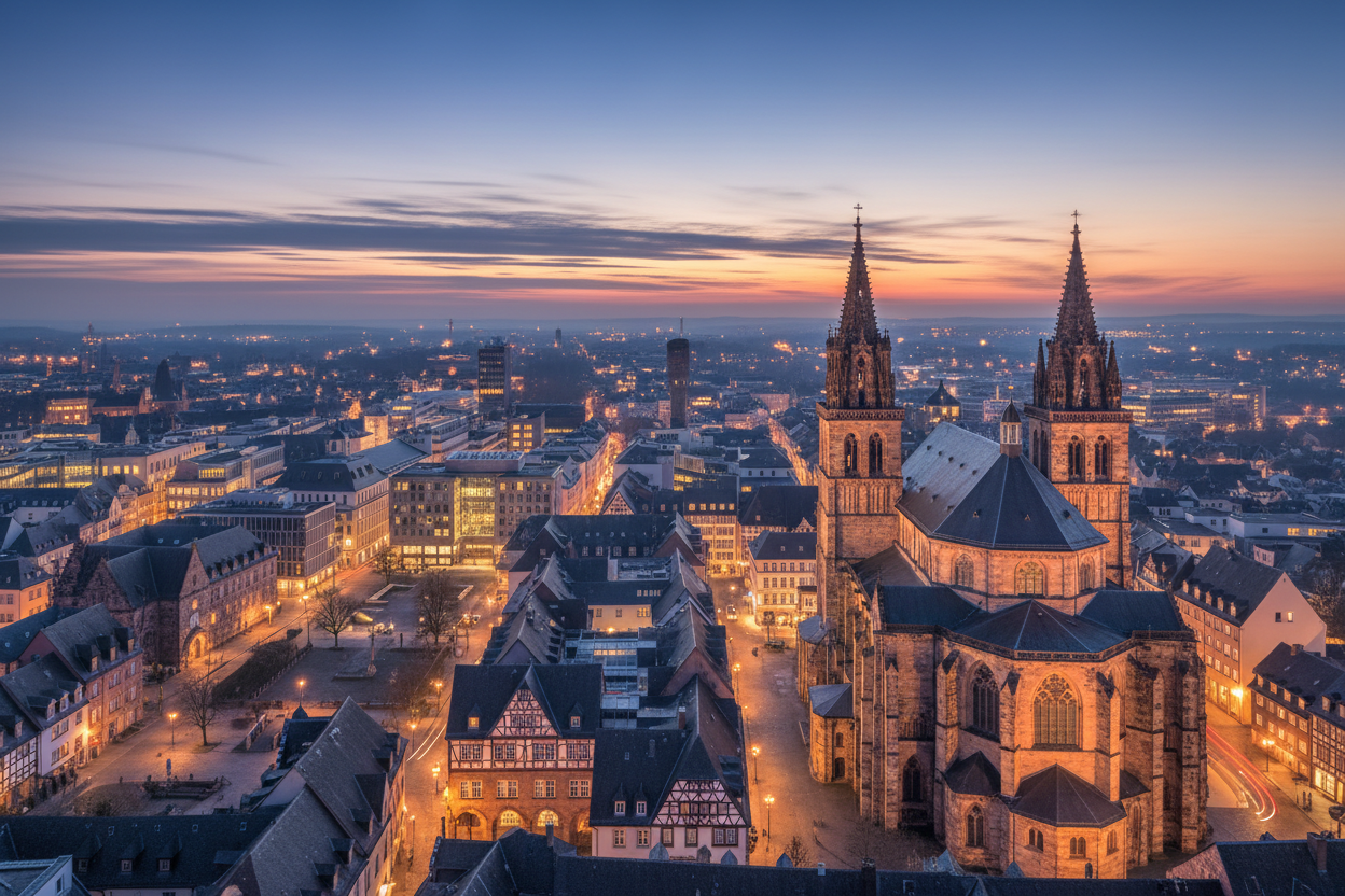 Aachen cityscape at twilight